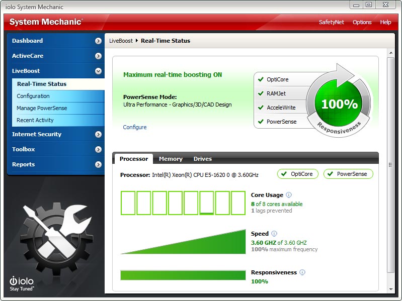 system mechanic liveboost real time status interface